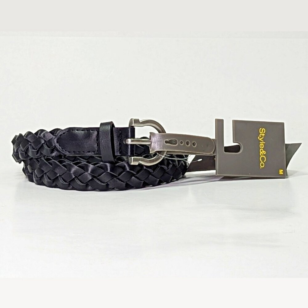 Style & Co Women's Black Braided Faux-Leather Belt Size M (MSRP $ 33)